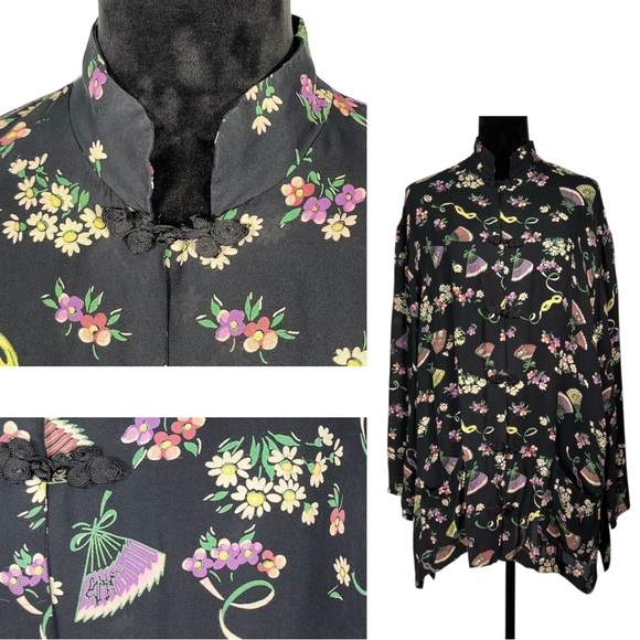 Black Silk Floral Kimono Jacket Vintage Harari Asian Inspired Long Tunic Blouse - Picture 1 of 16